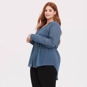 Torrid Emma Dusty Blue Sheer Swiss Polka Dot Babydoll Blouse